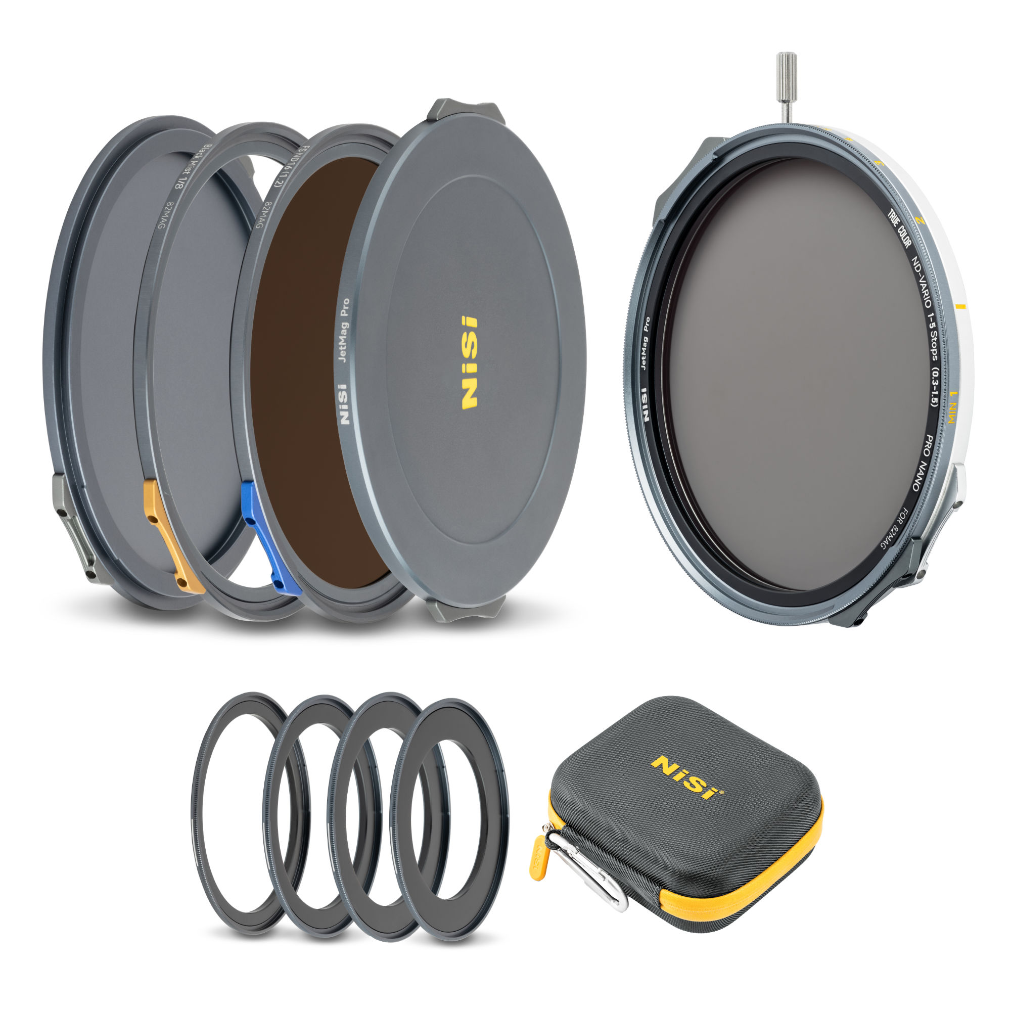 VND-Creative-Kit.jpg NiSi JetMag Pro VND 1-9 Stops VND Mist Creative 82MAG Magnetic Filter Kit (1–5 Stops True Color VND, FS ND 4 Stops, 1/8 Black Mist, 67mm/72mm/77mm/82mm Adaptors, Front Cap, Back Cap, Caddy Pouch)